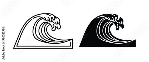 Minimalist ocean wave icons, black and white surfing wave vector set, simple linear and solid sea wave illustrations for coastal branding
