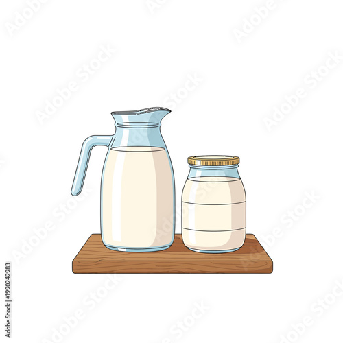Fresh Milk in Glass Pitcher and Jar on Wooden Board Illustration