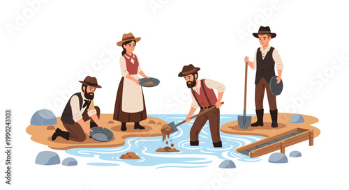 Detailed historical illustration features a group of nineteenth century prospectors meticulously searching for gold using a wooden sluice box and metal pans in water.