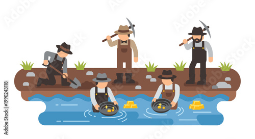 Meticulous flat vector illustration depicts several determined gold miners panning and digging for precious nuggets along a vibrant blue riverbank under bright light.