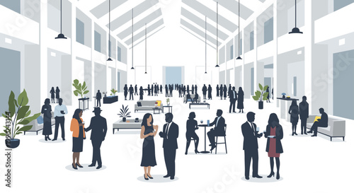 A large diverse group of professional people in silhouettes mingle and network within a spacious modern white atrium featuring high ceilings and bright lights.