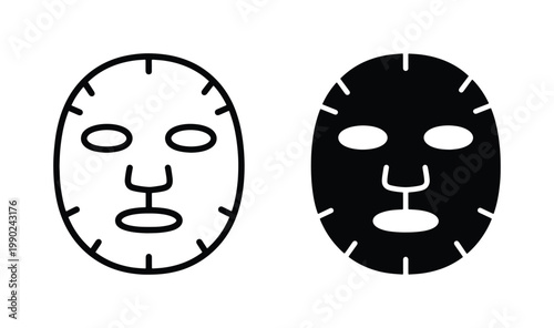 Cosmetic facial sheet mask icons, black and white beauty treatment vector set, skincare face mask line art and silhouette for spa packaging