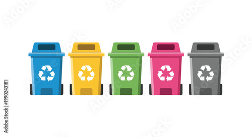 A row of five colorful recycling bins in blue yellow green pink and grey shades stand neatly aligned against a pristine white studio background setting.