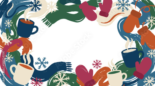 Cozy winter scene with steaming mugs of hot beverages, colorful scarves, and mittens, surrounded by snowflakes and abstract wavy patterns.