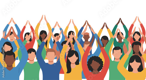 A vibrant crowd of diverse people with various hairstyles and colorful clothing raise their arms high to form triangular shapes with their joined hands.