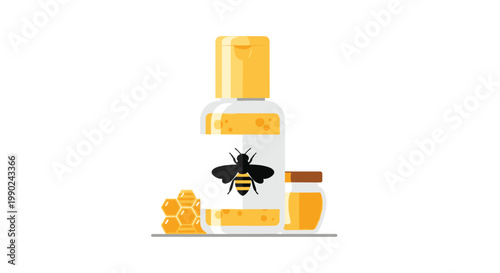 A meticulous flat illustration of a honey dispenser bottle with a bee logo stands beside a small jar and golden honeycomb pieces on a white surface.