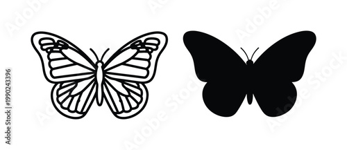 Minimalist butterfly vector icons, black line art and solid silhouette butterfly set, monarch butterfly wing details, nature insect graphics
