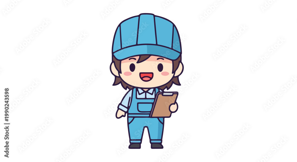 Fototapeta premium A cheerful professional worker in blue uniform with hard hat and clipboard, symbolizing diligent service and dedication, perfect for Labor's Day celebrations