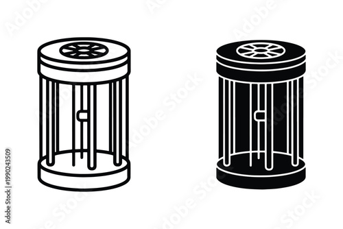 Industrial oil filter icon set, automotive engine fuel filter vector illustration, black and white mechanical part symbols for car maintenance