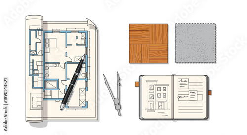 A detailed architectural floor plan is presented with a sleek black pen and a metal drafting compass next to an open sketchbook on a white background.