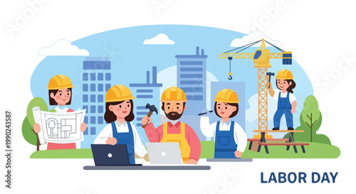 Celebrating Labor Day, dedicated construction workers and architects collaborate on urban development projects, honoring hard work and teamwork in building the future