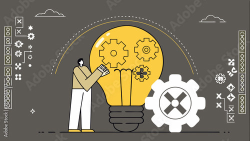 Person assembling gears inside lightbulb with tablet in hand standing next to large white gear on gray background with symbols