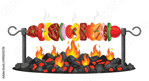 A vibrant assortment of succulent grilled meat and fresh vegetables sizzles on a metal skewer over hot charcoal embers and intense orange fire flames.