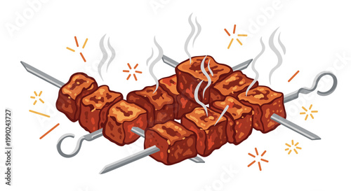 Meticulously seasoned cubes of roasted meat rest on three silver skewers while releasing gentle wisps of steam against a pristine white background setting.