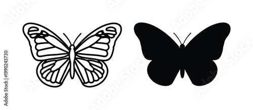 Minimalist butterfly vector icons, black line art and solid silhouette butterfly set, monarch butterfly wing details, nature insect graphics