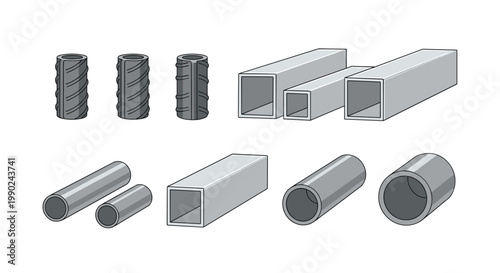A comprehensive set of grey industrial metal components featuring textured rebar segments, square hollow structural sections, and various round steel pipes and tubes.
