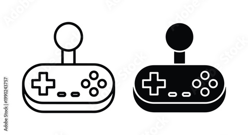 Retro game controller icons, vintage joystick and gamepad vector set, classic video game console equipment, black and white gaming symbols