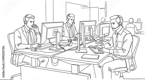 Customer support call center team working on computers with headsets technical service operators office line art vector illustration