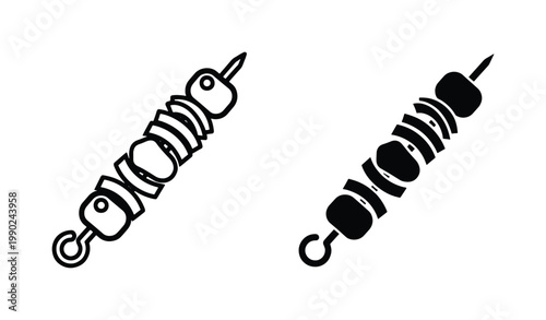 Grilled shish kebab vector icons, black and white barbecue skewer illustrations, meat and vegetable grill stick symbols for restaurant menus
