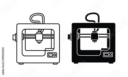 3D printer vector icons set, industrial additive manufacturing machine symbols, modern rapid prototyping equipment in line and silhouette style