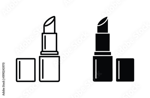 Minimalist lipstick icon set, black outline and solid silhouette cosmetic vectors, beauty product symbols for makeup branding and salon signage