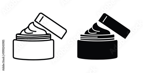 Cosmetic cream jar icons, skincare product container vector set, open beauty moisturizer pot in line and solid styles for packaging design