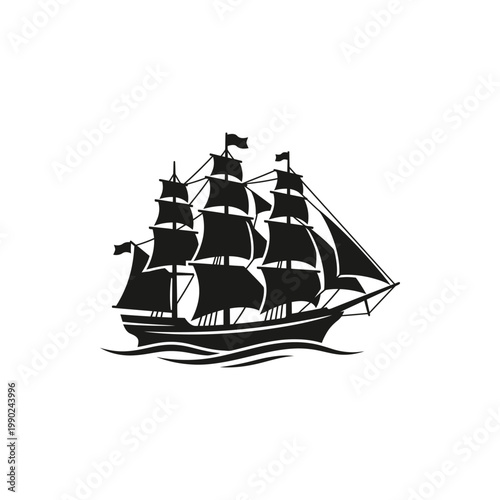 Majestic tall ship sailing on ocean waves vector black silhouette of classic wooden vessel with multiple masts and sails nautical maritime transportation icon isolated on white background.