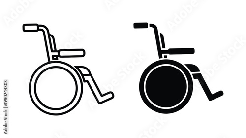 Minimalist wheelchair icons set, black and white medical equipment vector, disability accessibility symbols for healthcare and hospital signage