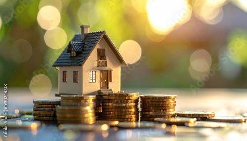 Miniature House on Stacked Coins Symbolizing Real Estate Investment Growth.