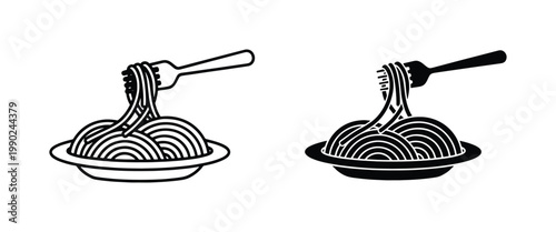 Minimalist spaghetti pasta icons on plate with fork, black and white noodle vector set, italian food line art for restaurant menu design