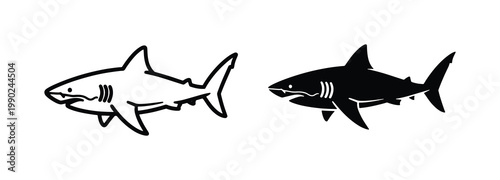 Great white shark vector icons, black and white shark silhouettes, minimalist ocean predator illustrations, marine life graphic elements for logo design