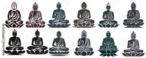 Buddha statue silhouette collection with various mudras, lotus meditation icons set, oriental religious symbols for logo design, spiritual zen yoga wellness vector elements.