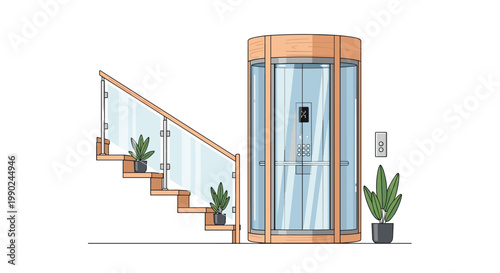 A meticulous illustration of a sleek cylindrical glass elevator with warm wooden frames positioned beside a modern staircase featuring elegant glass railings.