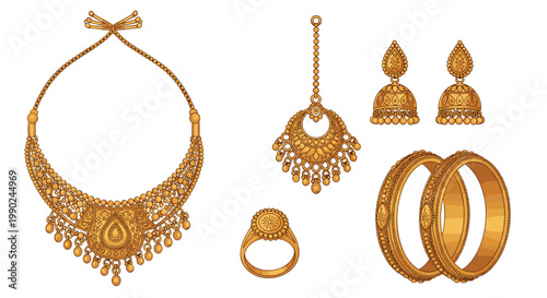 A luxurious collection of traditional gold jewelry featuring an intricate necklace, matching earrings, bangles, a ring, and a headpiece in bright light.
