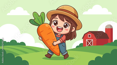 Cute Chibi Farmer Girl Happily Holding a Giant Carrot in a Sunny Farm Field