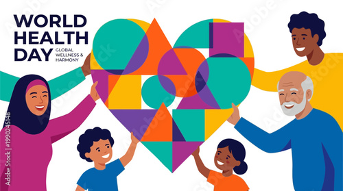 Diverse children and hands assembling a colorful geometric heart symbolizing unity and teamwork