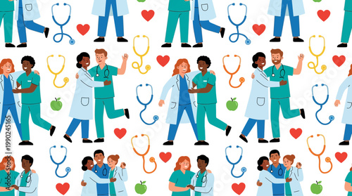 Diverse group of doctors and nurses in healthcare settings, showcasing teamwork and care