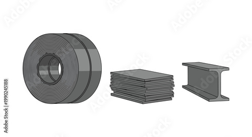 A precise industrial illustration showcases a large rolled steel coil, a stack of heavy metal plates, and a structural grey I-beam against a white background.