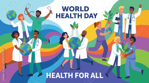 Diverse medical professionals united for World Health Day celebrating health for all with the globe