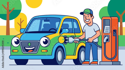 Happy man charging a cartoon electric car with a plug on a sunny day