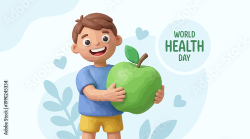 Joyful boy holding a large green apple for World Health Day