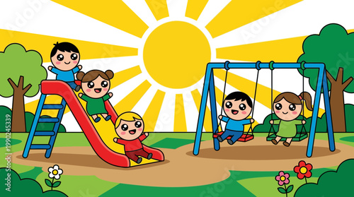 Joyful children enjoying a sunny day at the playground with slides and swings