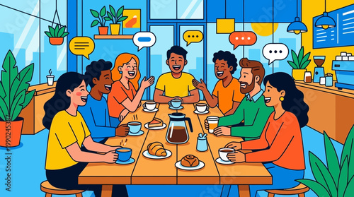 Joyful friends sharing coffee and conversation around a table filled with treats