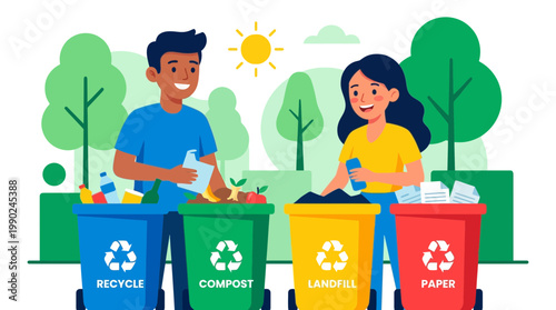 Man and woman actively participating in recycling and composting with colorful bins outdoors under the sun