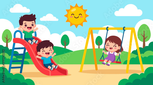 Joyful children playing on a sunny playground with a slide and swing set