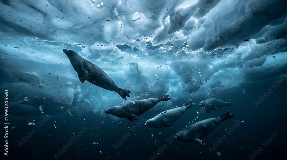 Obraz premium Group of Seals Swimming Beneath Ice in Cold Ocean Water