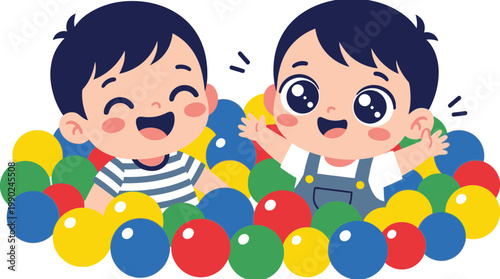 Two cheerful children playing together in a bright, colorful ball pit, sharing moments of pure joy and childhood fun.