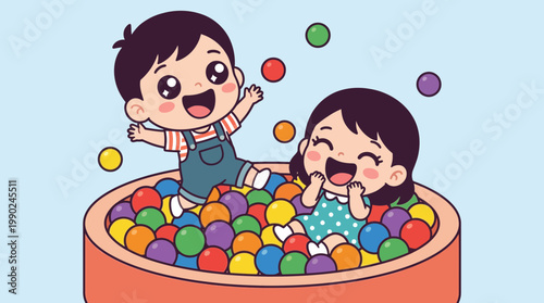 Two Joyful Children Happily Playing Together in a Colorful Ball Pit Filled with Many Balls