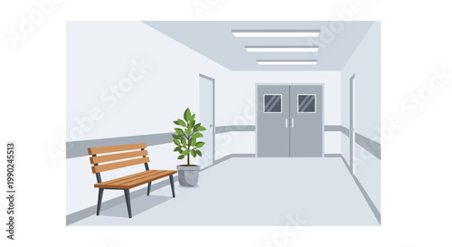 A pristine and quiet hospital hallway features a polished floor, a classic wooden bench, a vibrant potted plant, and secure double grey doors at the end.