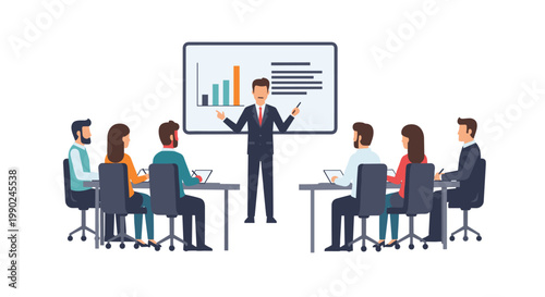 An expert business consultant dressed in a dark suit presents colorful data charts on a large digital screen to a group of attentive office colleagues.